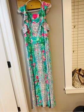 🌴 Lilly Pulitzer Tropical Floral Maxi Dress in Aqua and Pink, EUC, size L